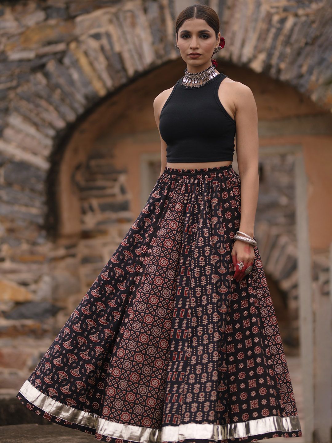 Anayna Women Printed A-Line Flared Cotton Maxi Skirt Price in India
