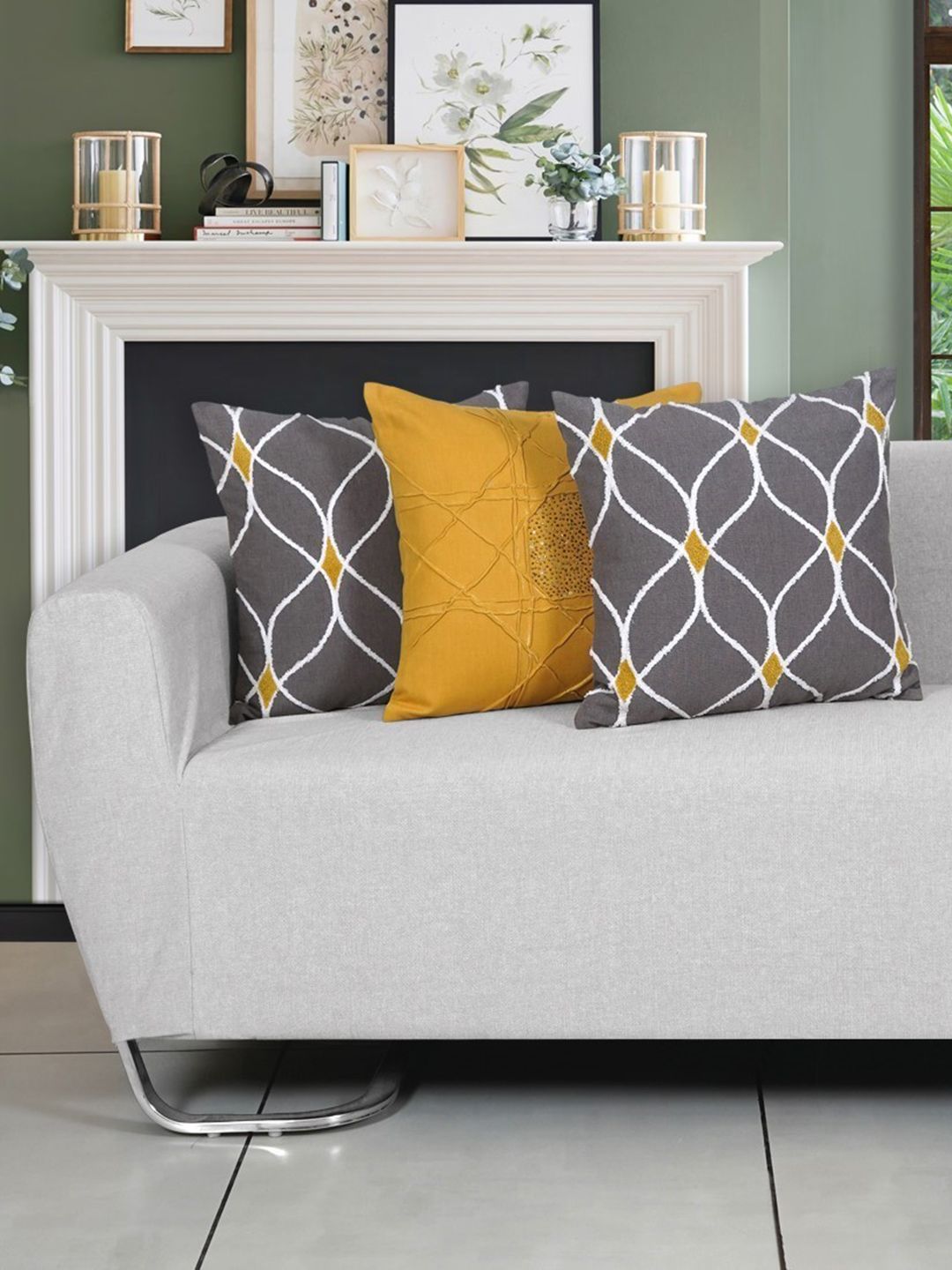 Ode & Cleo Mustard & White Set of 3 Embroidered Square Cushion Covers