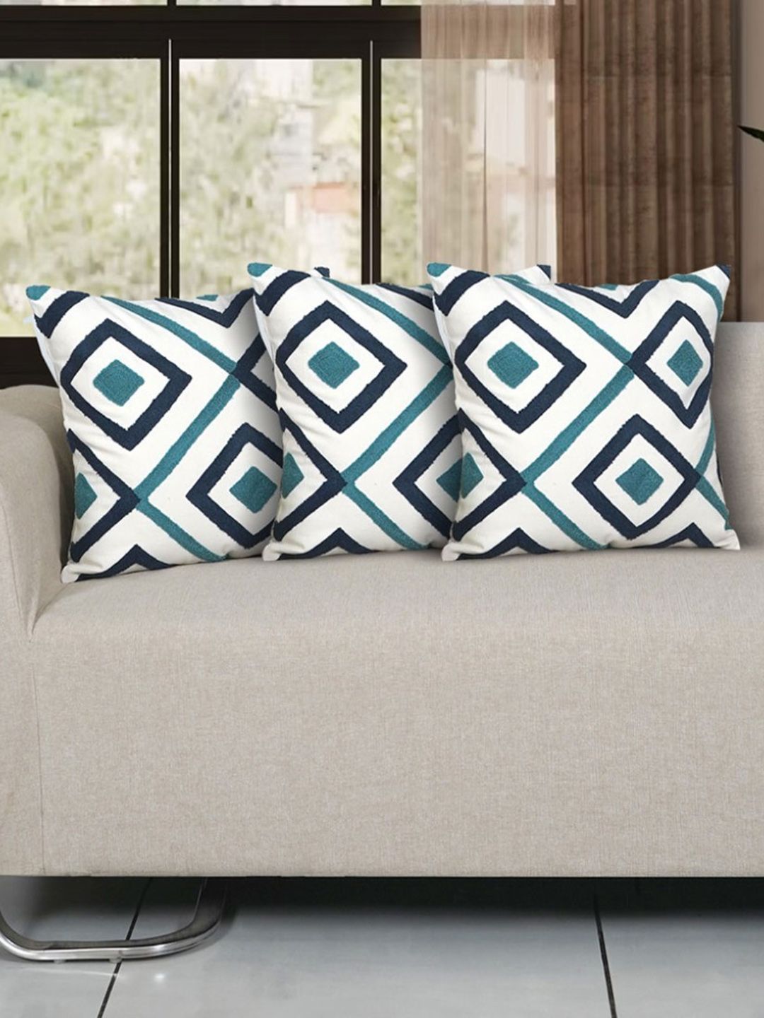 Ode & Cleo Teal & White Set of 3 Embroidered Square Cushion Covers
