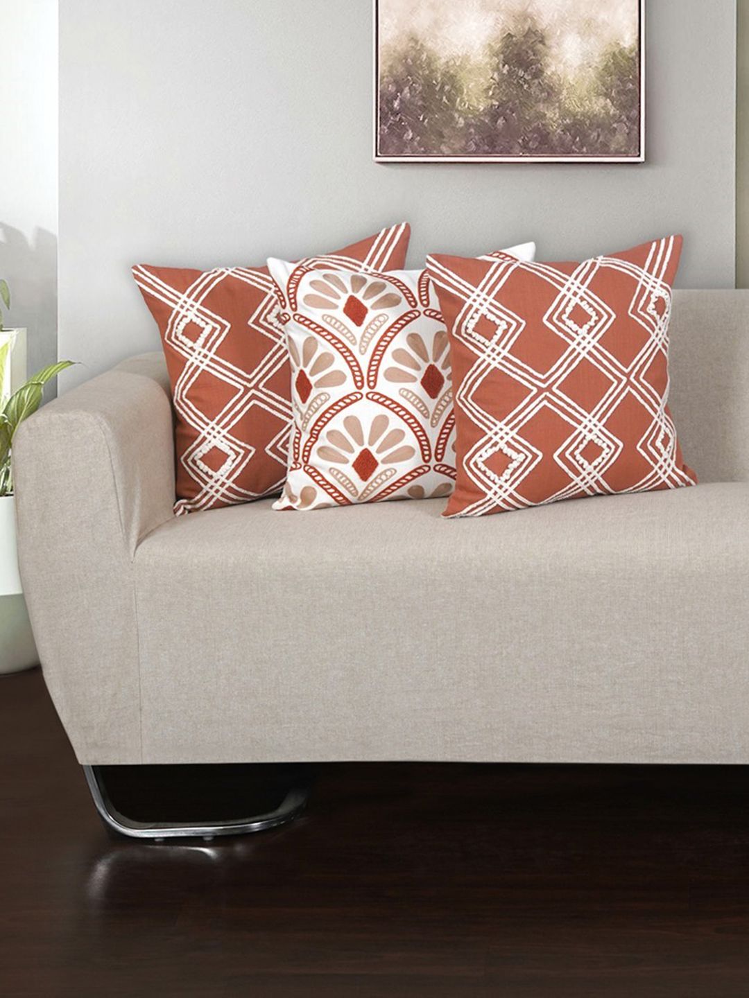 Ode & Cleo Peach-Coloured & White Set of 3 Embroidered Square Cushion Covers