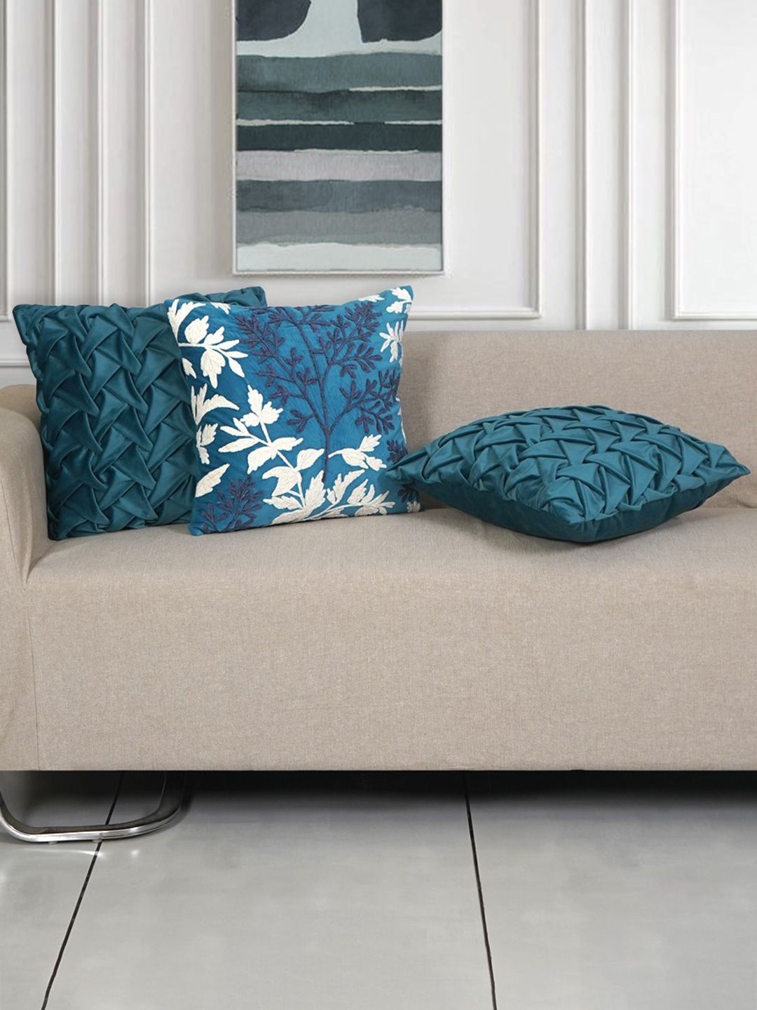 Ode & Cleo Teal & White Set of 3 Embroidered Square Cushion Covers