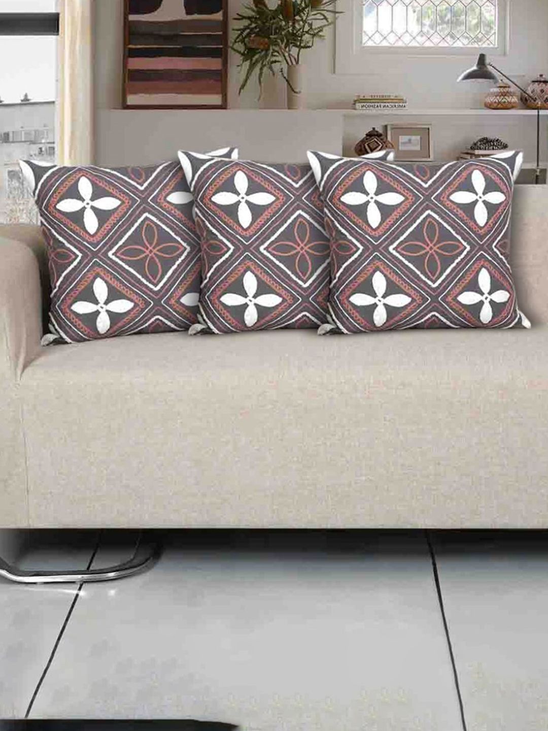 Ode & Cleo Grey Set of 3 Embroidered Square Cushion Covers