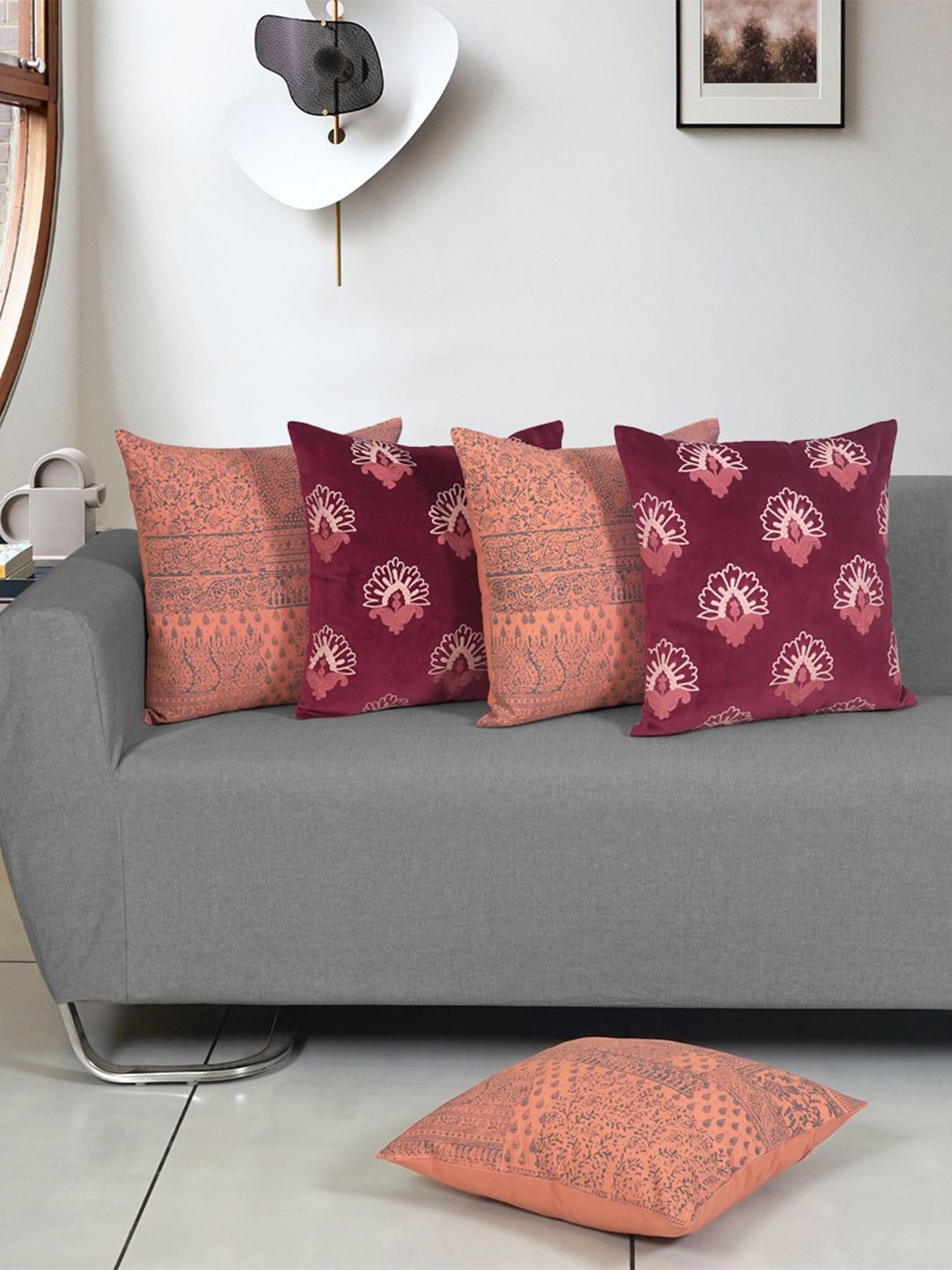 Ode & Cleo Peach-Coloured & Maroon 5-Pieces Ethnic Motifs Square Cushion Covers