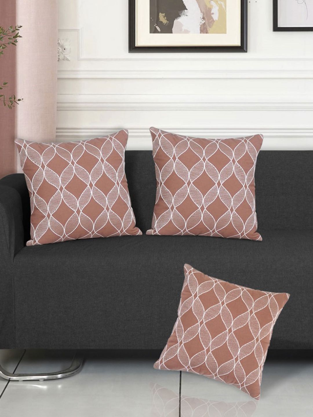 Ode & Cleo Beige Embroidered Cotton Breathable 3 Square Cushion Covers -17.7x17.7In