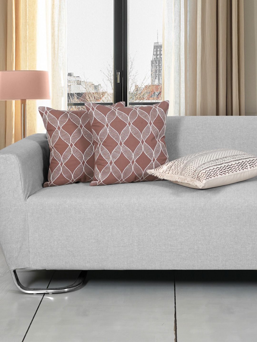 Ode & Cleo Rust & White 3-Pieces Embroidered Pure Cotton Square Cushion Covers