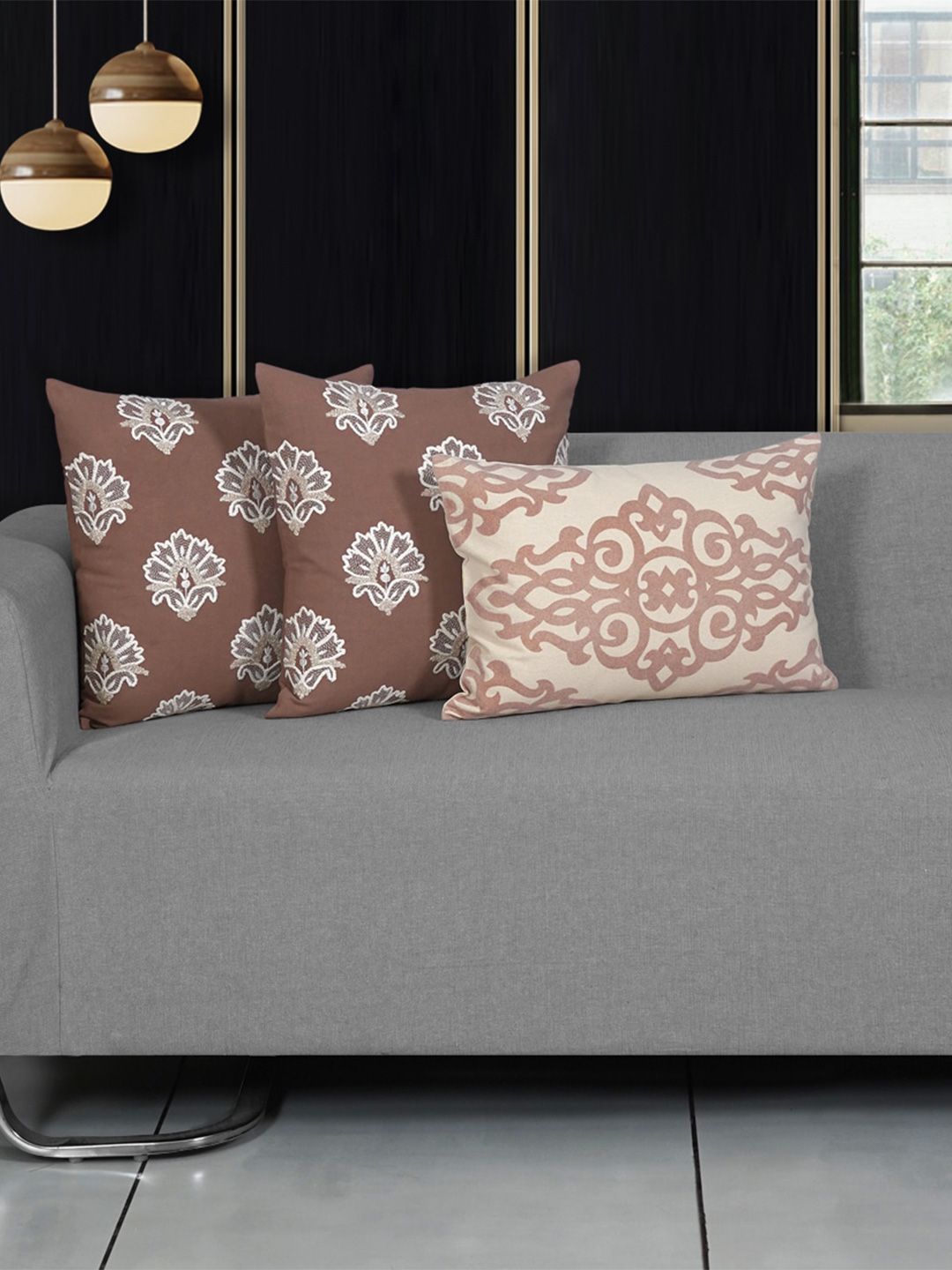 Ode & Cleo Beige Embroidered Cotton Lightweight 3 Piece Square Cushion Covers -18x18In