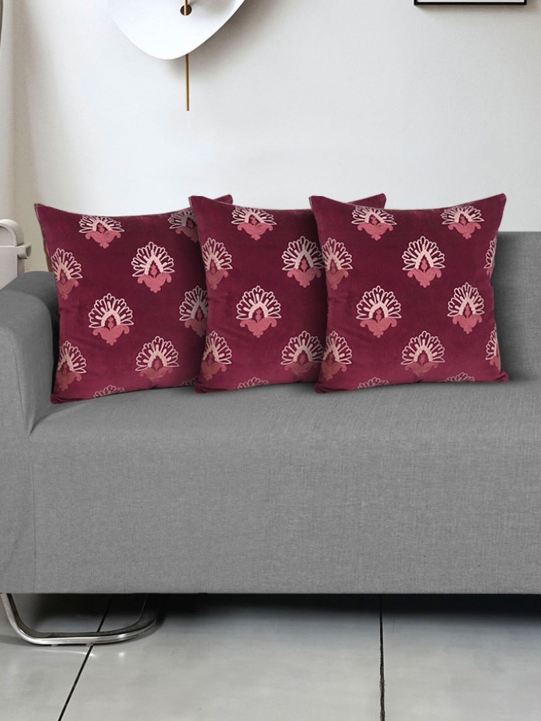 Ode & Cleo Maroon Ethnic Motifs Other Durable 3 Piece Square Cushion Covers -18x18In