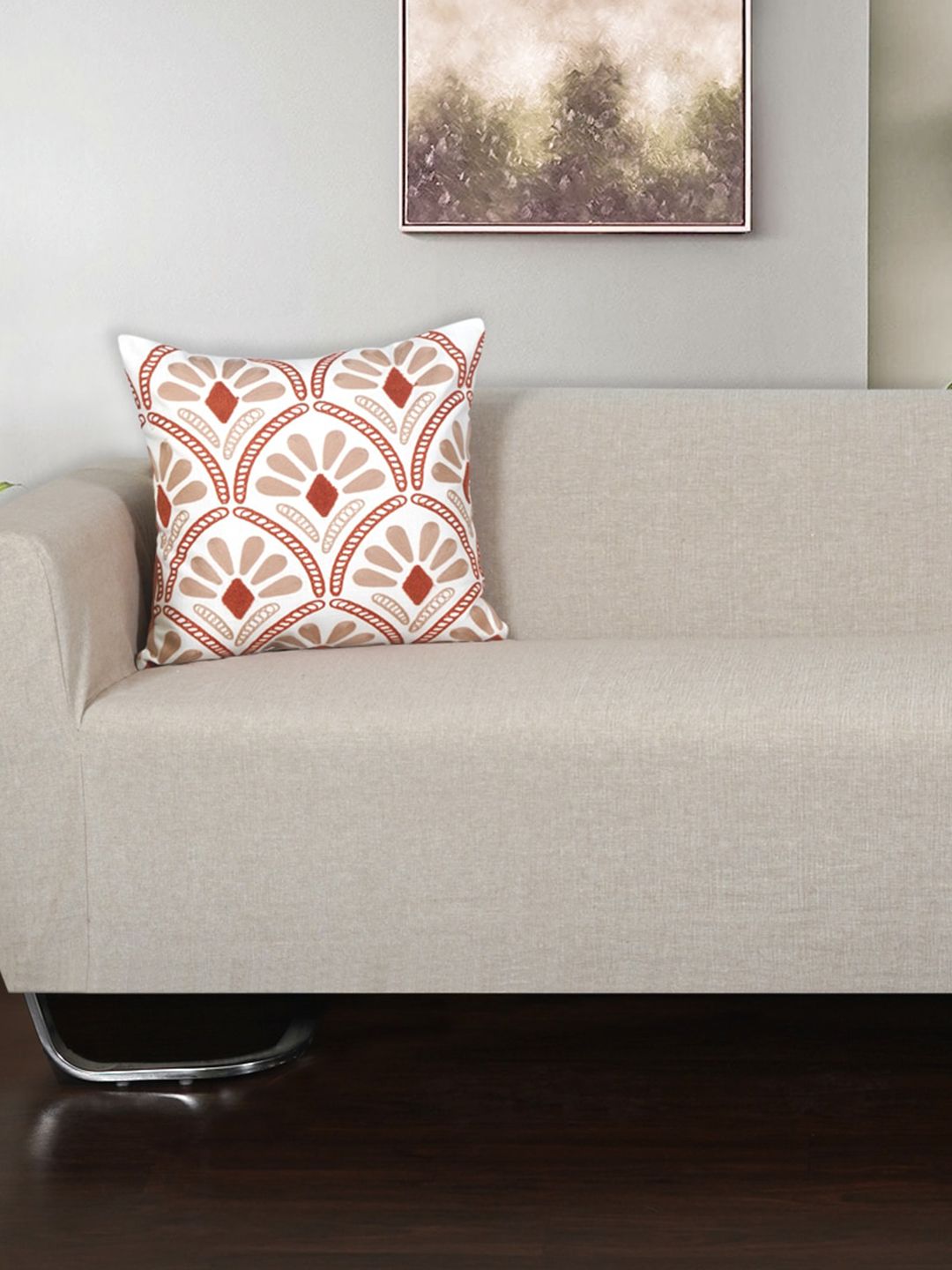 Ode & Cleo Off White & Rust Embroidered Pure Cotton Square Cushion Cover
