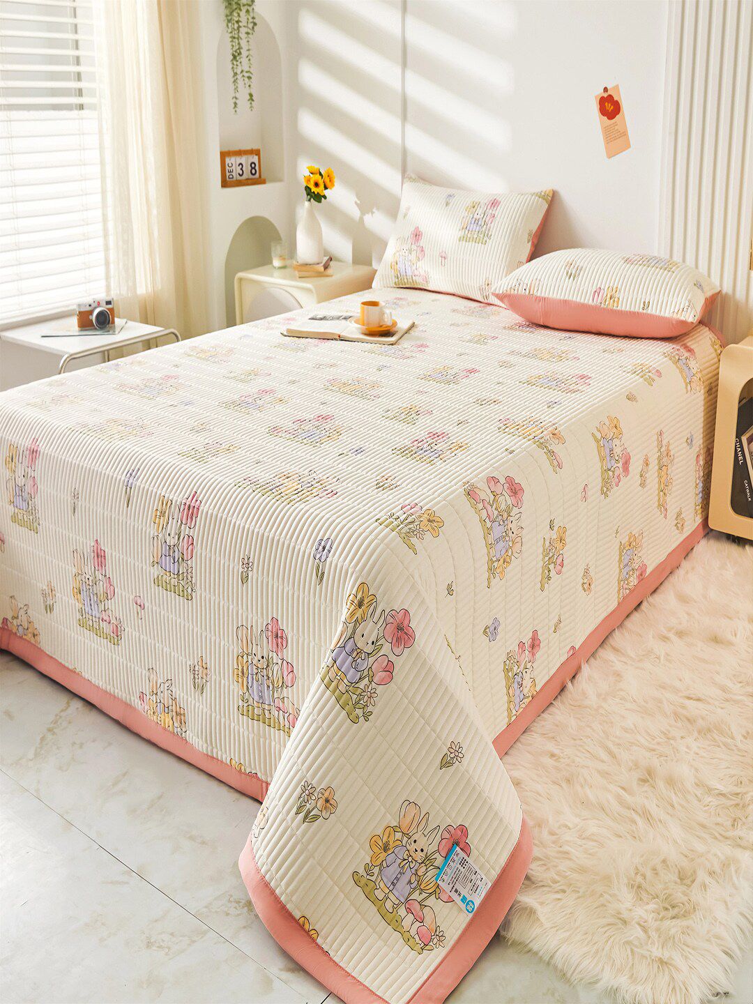 JC HOME Pink & Cream Coloured Printed Double King Bed Cover With 2 Pillow Covers
