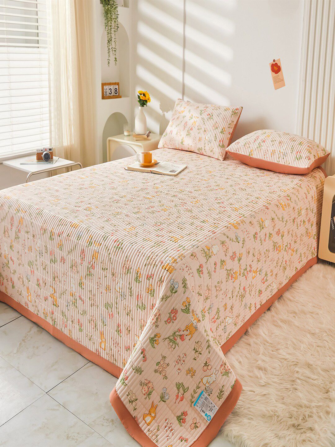 JC HOME Peach Coloured & Beige Floral Printed Double Queen Bed Cover & Pillow Covers
