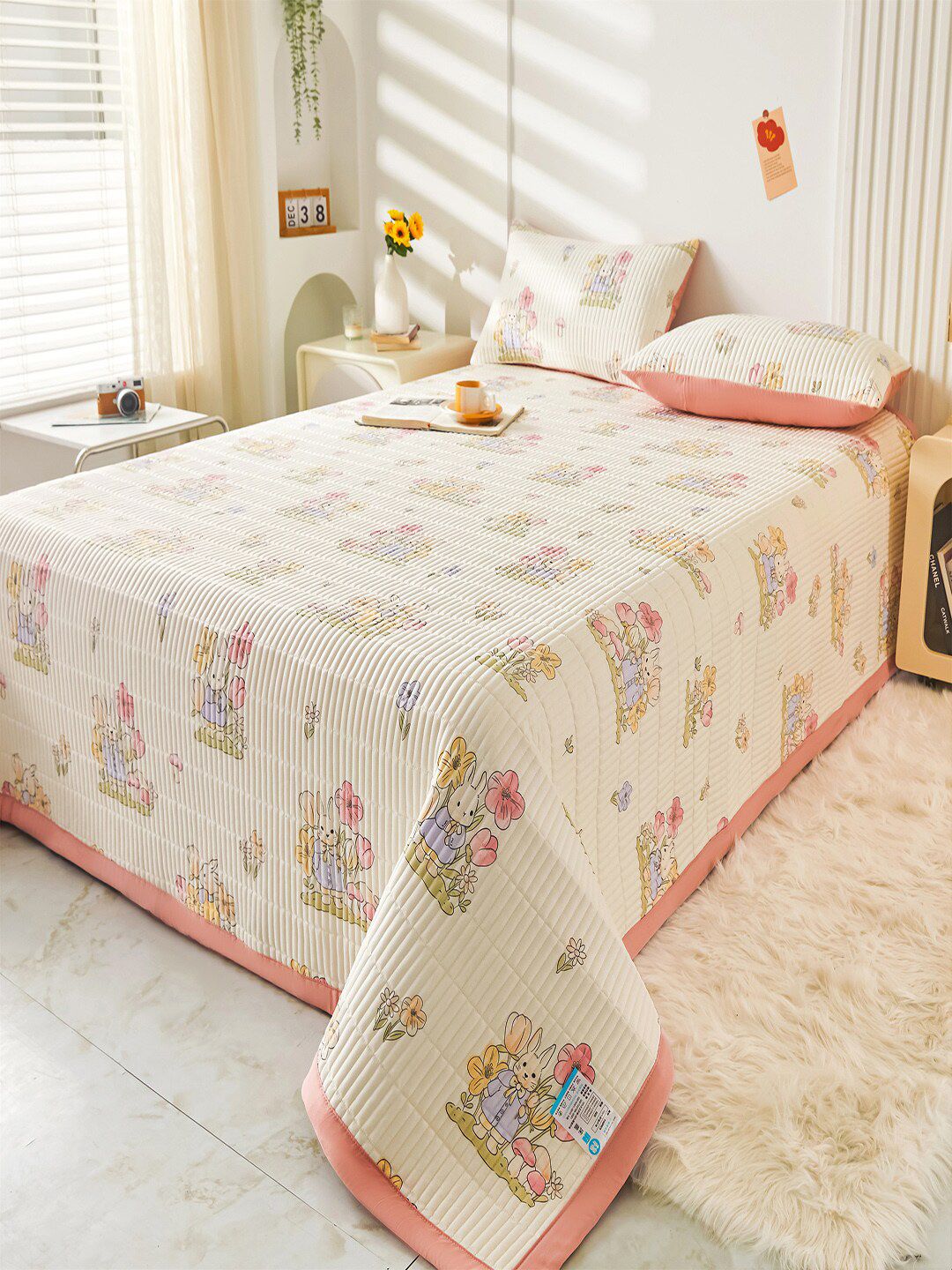 JC HOME Pink & Beige Printed Double Queen Bed Cover With Pillow Covers