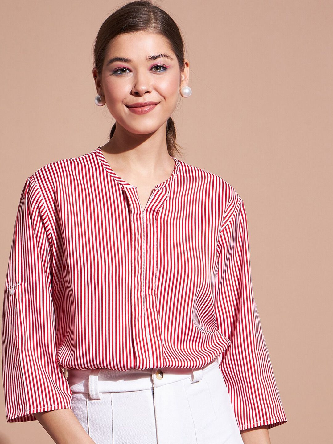 DressBerry Red & White Vertical Stripes Roll Up Sleeves Top Price in India