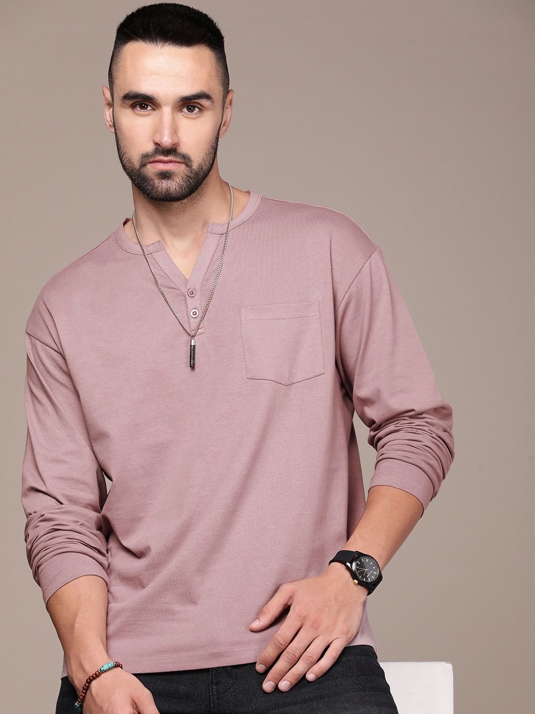 The Roadster Lifestyle Co. Men Henley Neck Pure Cotton T-shirt