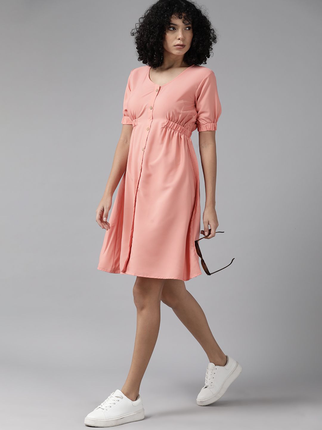 Roadster Puff Sleeves Crepe Fit & Flare Dress Price in India