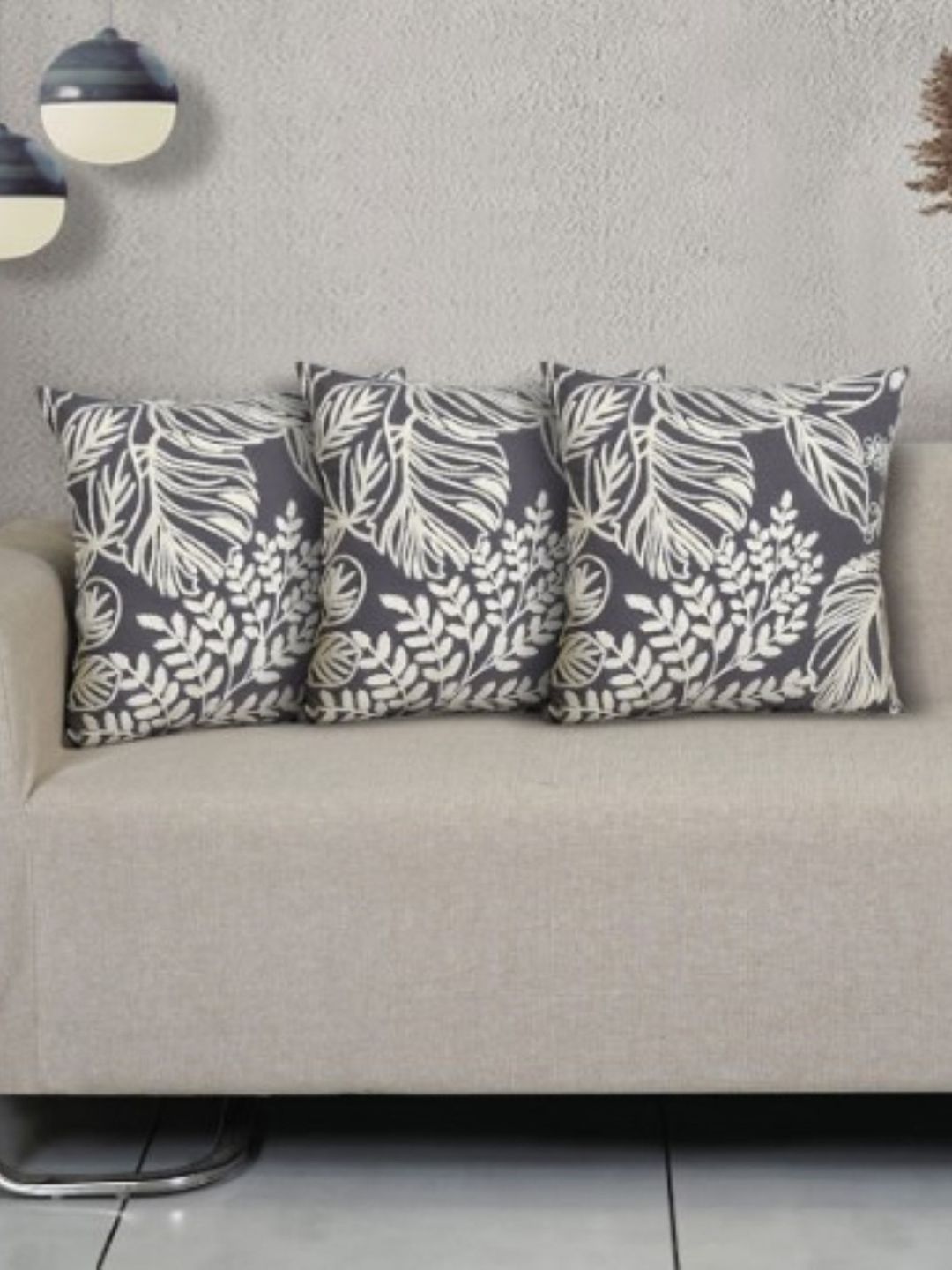 Ode & Cleo Grey & White Embroidered Pure Cotton Square Cushion Cover
