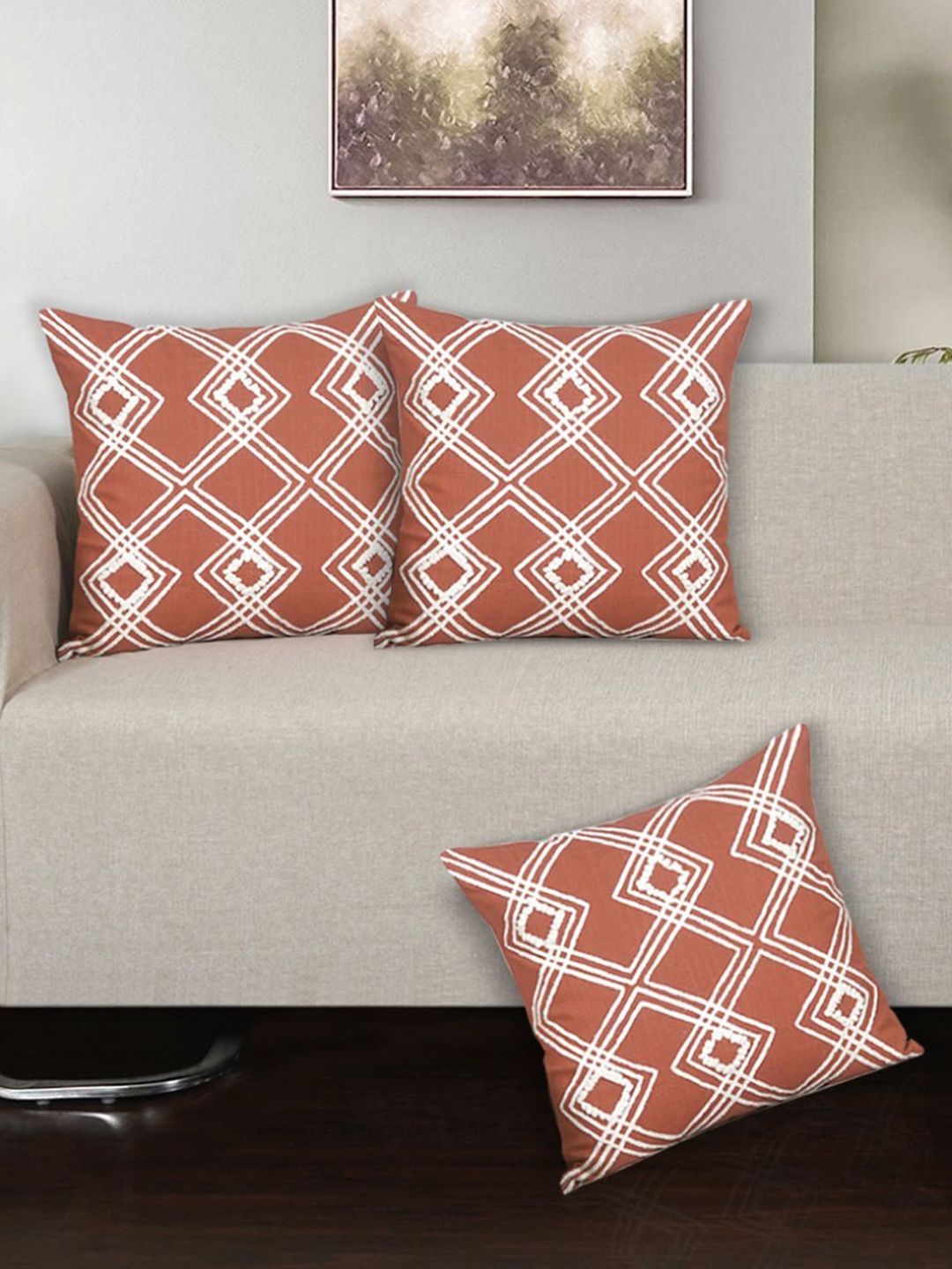 Ode & Cleo Rust & White Embroidered Pure Cotton Square Cushion Cover