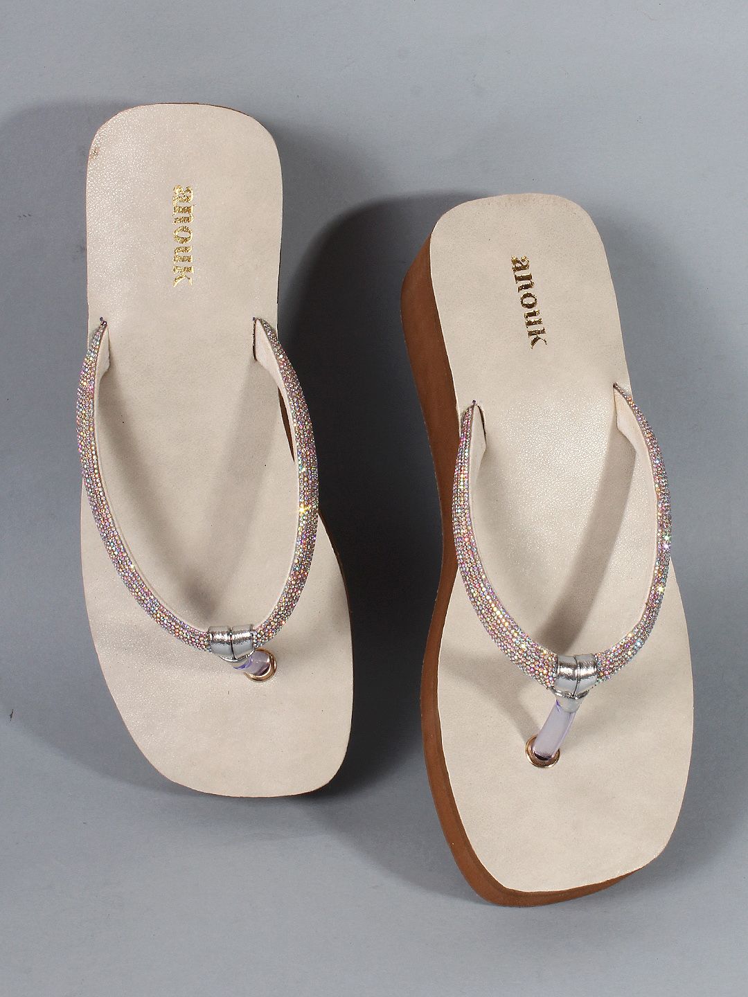 Anouk White & Gold-Toned Embellished Flatform Heels Price in India