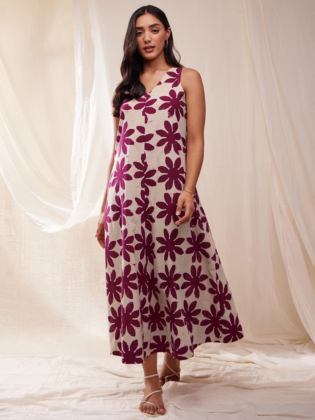 Pink Fort Floral Printed Cotton A-Line Midi Dress Price in India