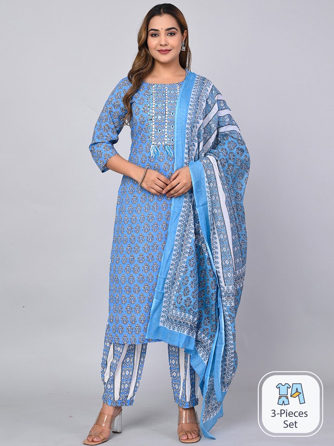 MAUKA Women Blue Ethnic Motifs Printed Regular Kurta with Trousers & With Dupatta Price in India