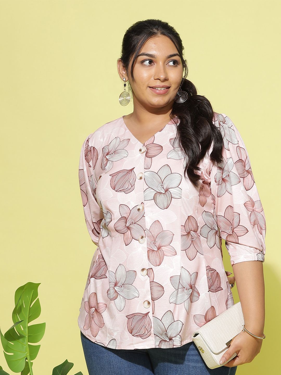 9shines Label Plus Size Floral Printed V-Neck Puff Sleeves Shirt Style Top Price in India
