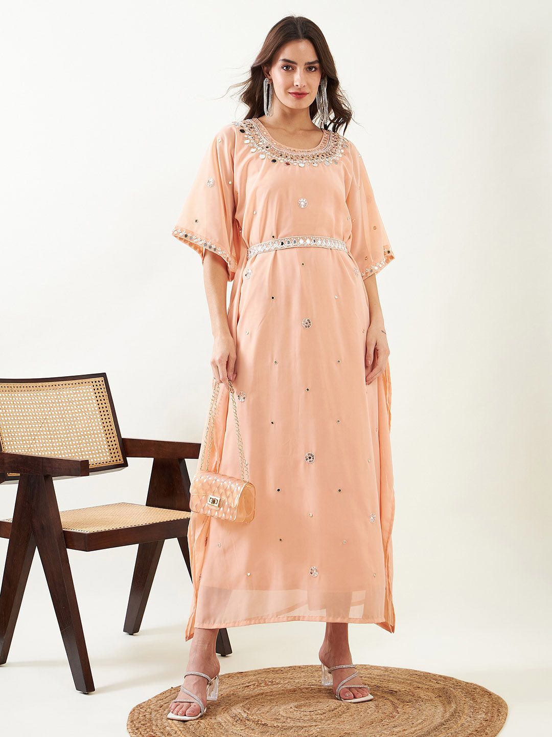 The Kaftan Company Embellished Georgette Kaftan Midi Ethnic Dress Price in India