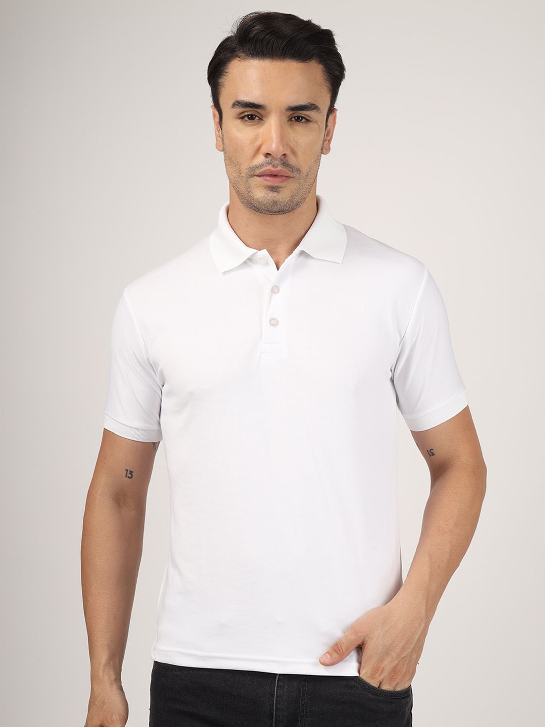 Greylongg Men Solid White Cotton Regular Fit Polo T-shirt