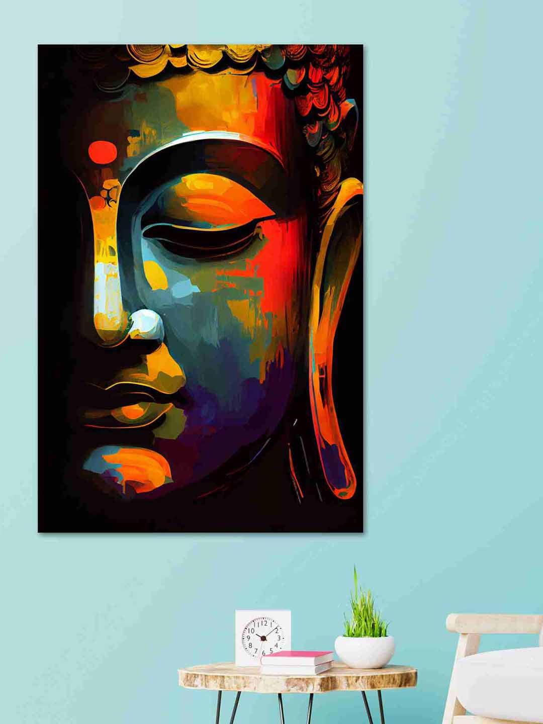 SAF Mustard Yellow & Orange Lord Buddha Sparkle Coated Unframed Wall Art
