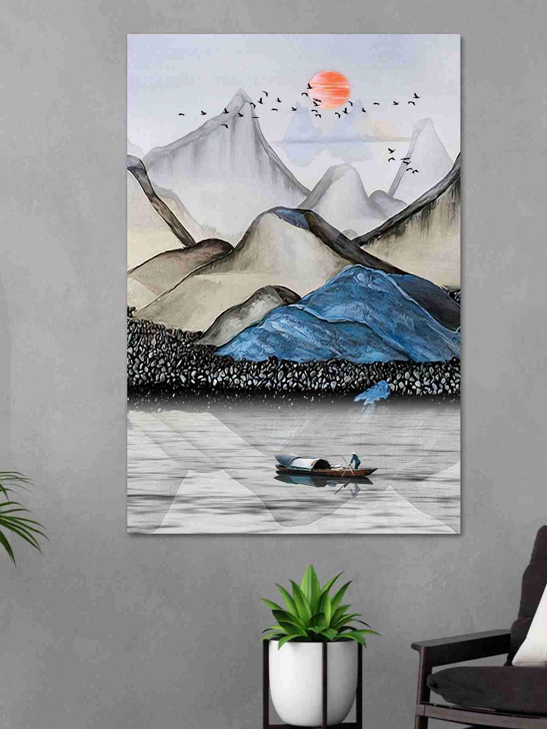 SAF Grey & Blue Nature Art Sparkle Coated Unframed Wall Art