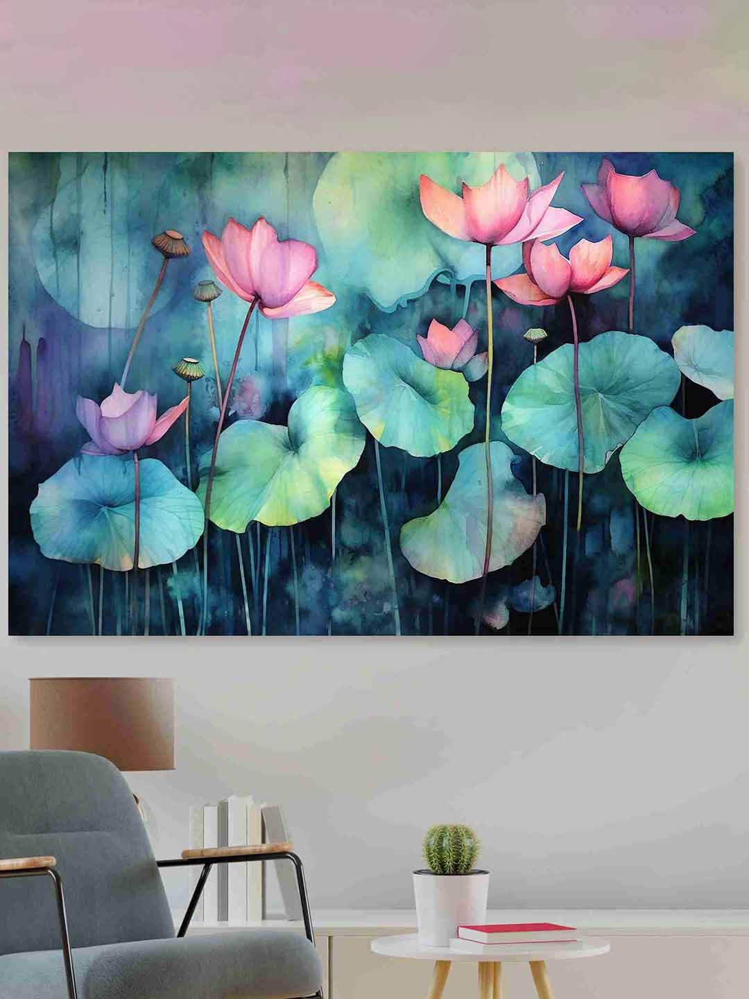SAF Green & Pink Floral Sparkle Coated Unframed Painting Wall Art