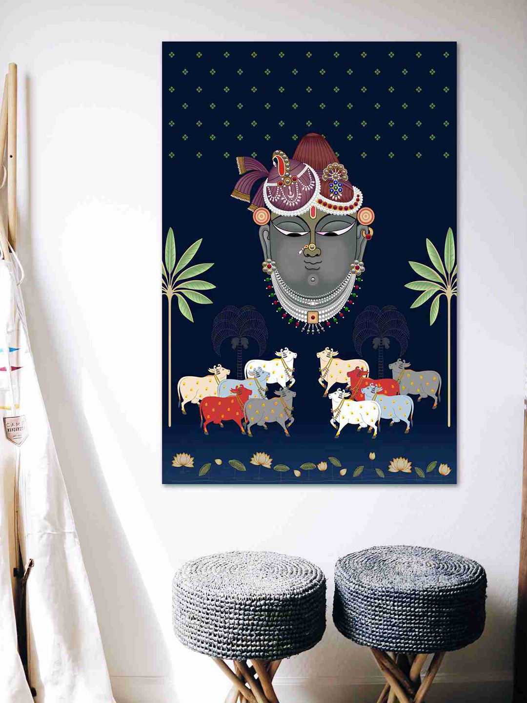 SAF Blue & Grey Shree Nath Ji Sparkle Coated Unframed Wall Art
