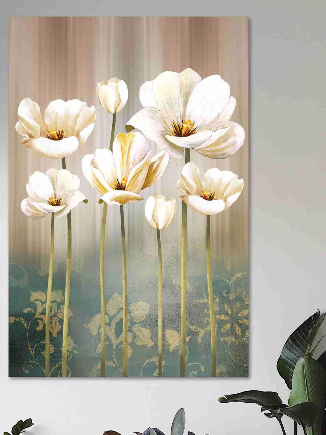 SAF White & Beige Floral Sparkle Coated Unframed Wall Art