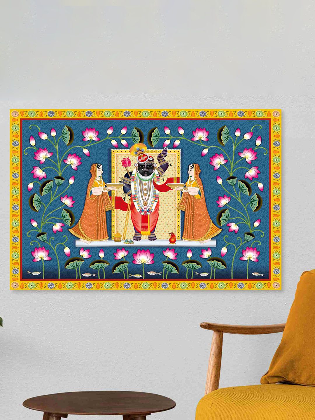 SAF Green & Yellow Shreenath Ji Sparkle Coated Unframed Painting Wall Art