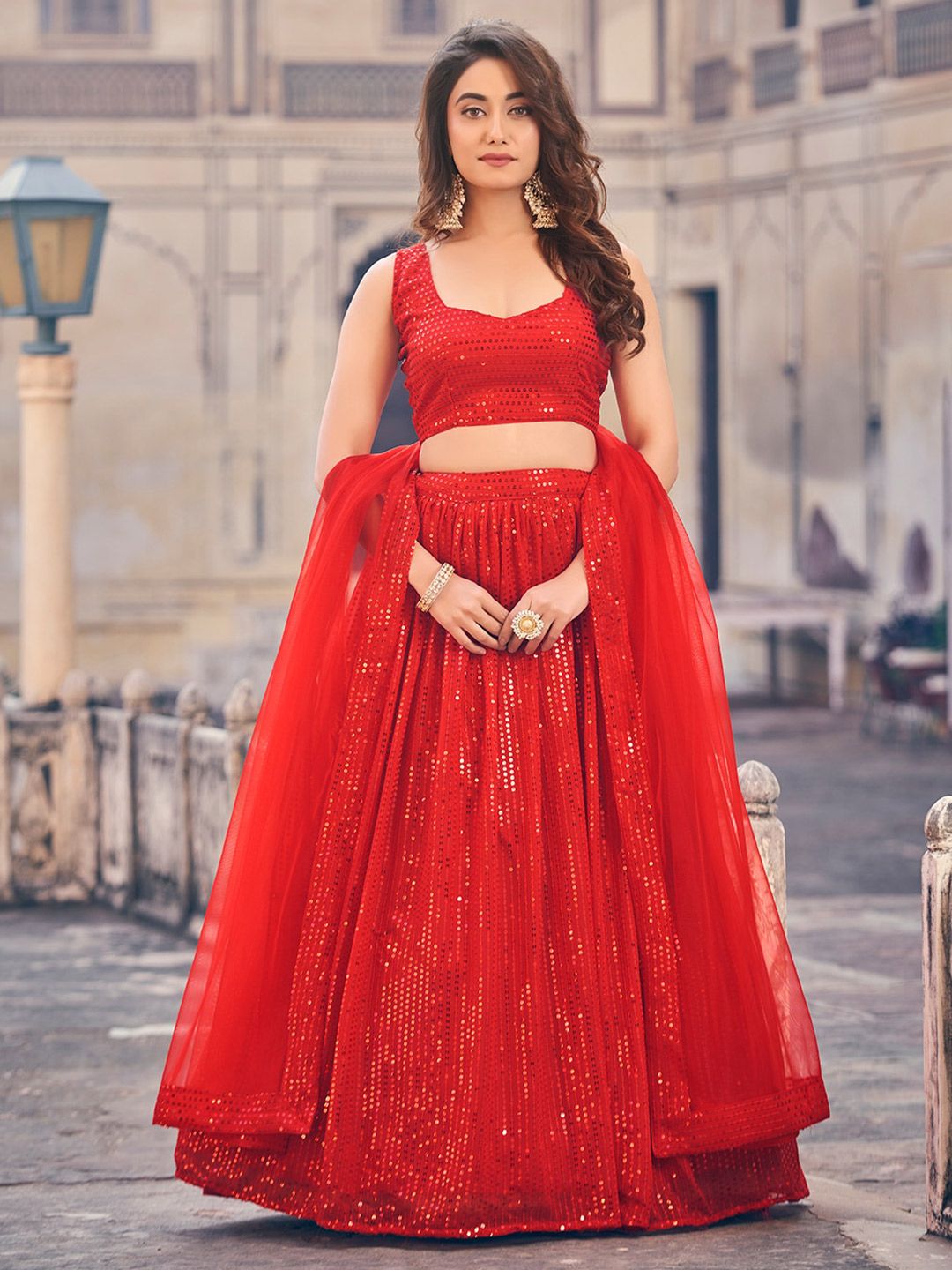 SHOPGARB Embroidered Sequinned Semi-Stitched Lehenga & Unstitched Blouse With Dupatta
