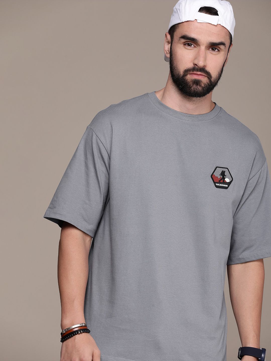 The Roadster Life Co. Embroidered Drop-Shoulder Sleeves Pure Cotton Oversized T-shirt