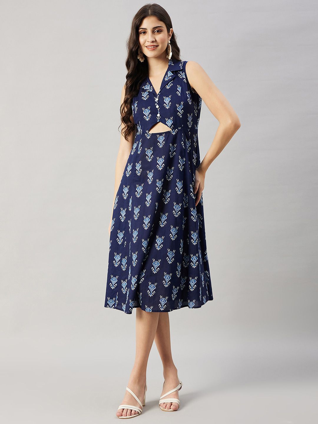 WineRed Floral Printed Cotton Cut-Outs Fit & Flare Midi Dress Price in India