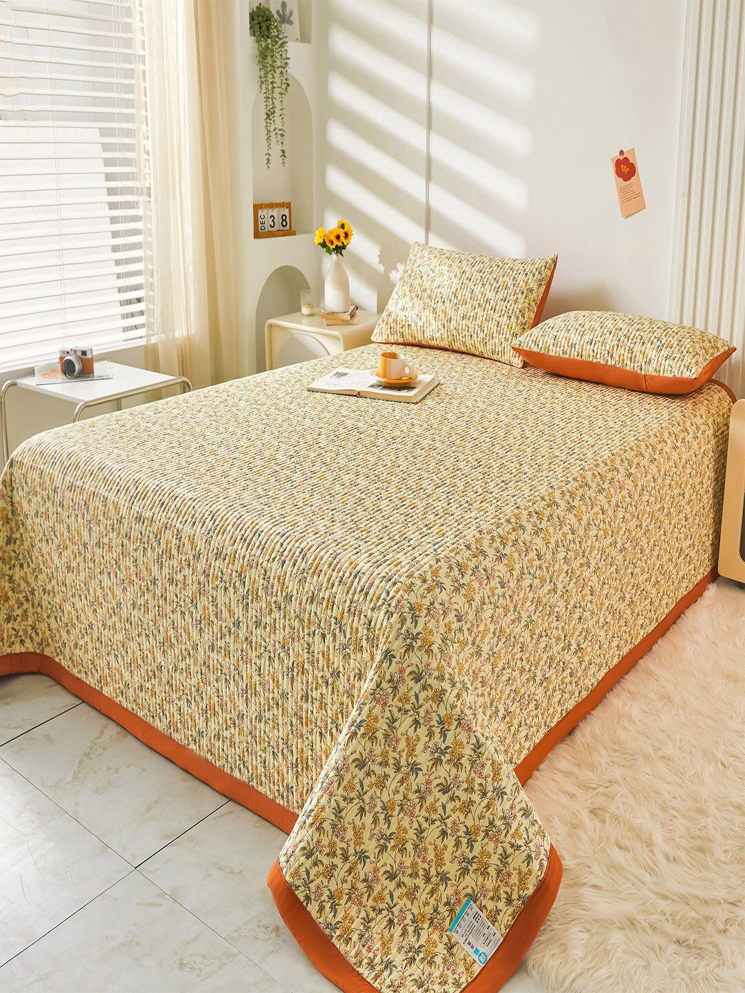 JC HOME Orange Coloured  Beige Printed Double King Bed Cover With Pillow Covers