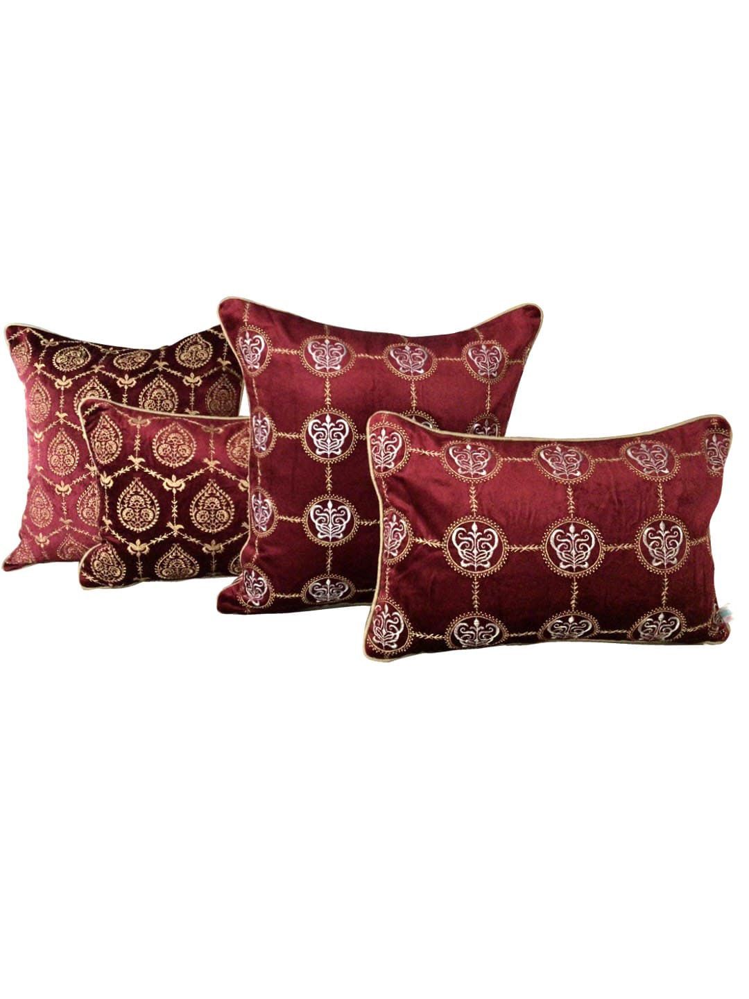 TARA- Sparkling Homes TARA- Sparkling Homes Maroon & Gold-Toned Embroidered Velvet Rectangle Cushion Cover
