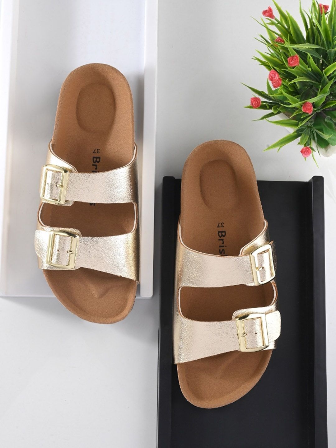 BRISKERS Two Strap Open Toe Flats With Buckle Detail Price in India