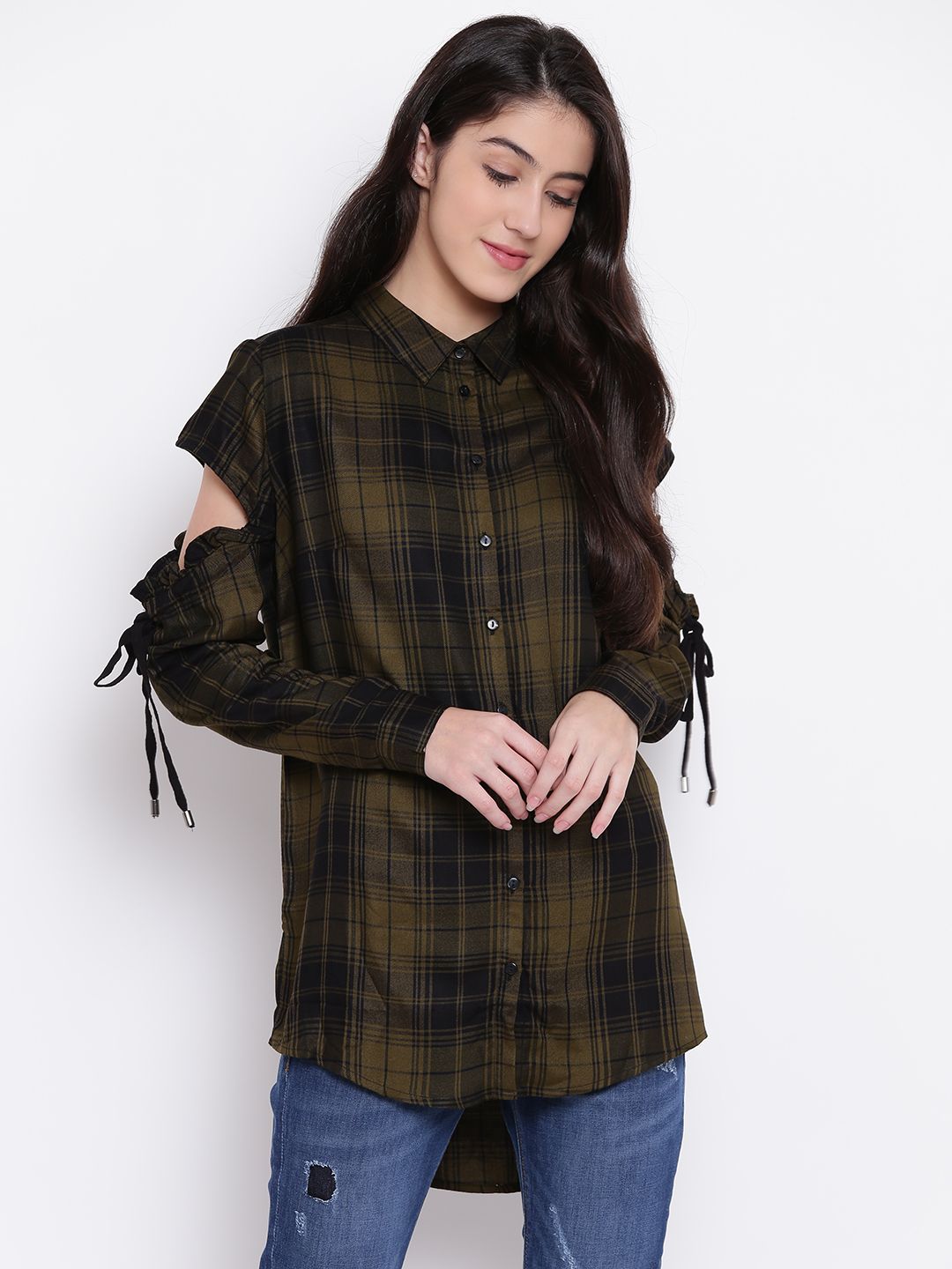 ONLY Women Olive Green & Black Checked Shirt Style Top Price in India