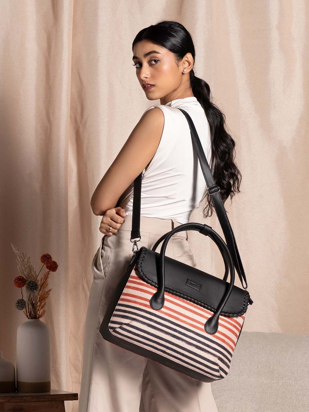 Striped Jute Handheld Bag ZOUK Striped Structured Jute Handheld Bag