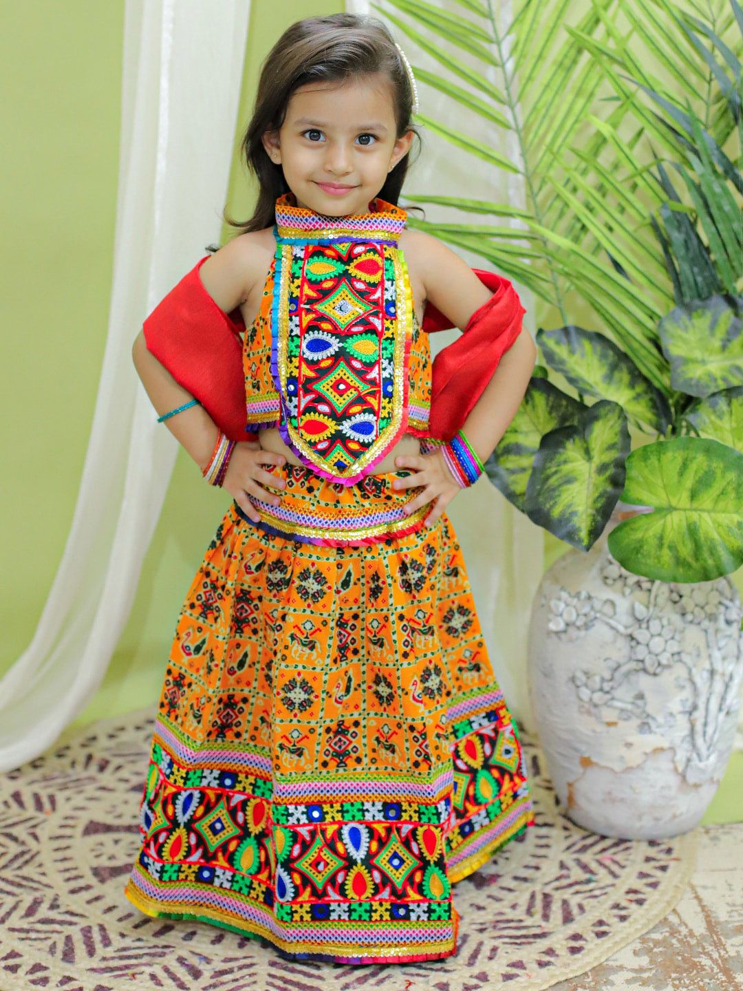 BownBee Girls Embroidered Thread Work Cotton Ready to Wear Lehenga & Blouse With Dupatta