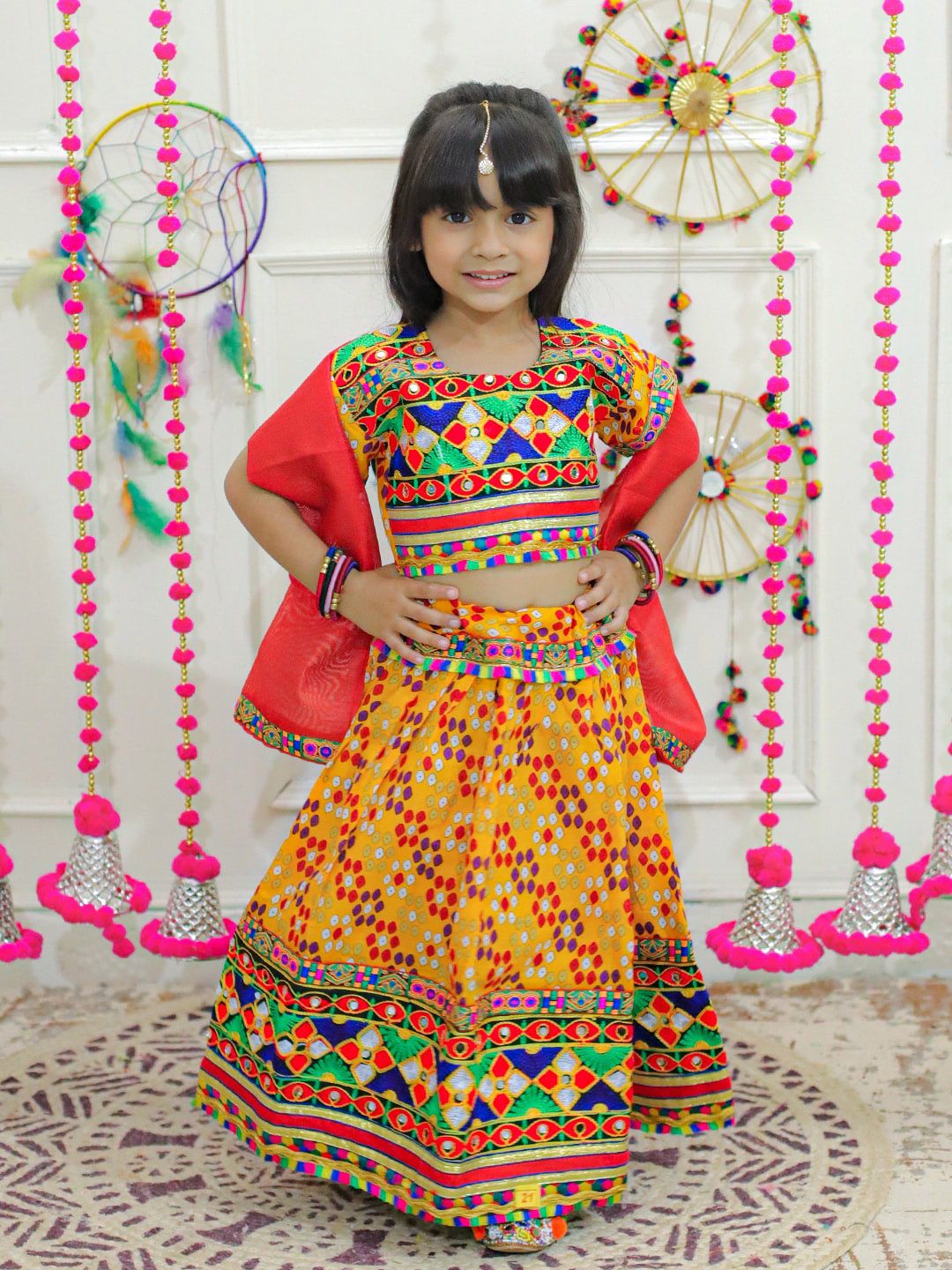 BownBee Girls Embroidered Thread Work Cotton Ready to Wear Lehenga & Blouse With Dupatta