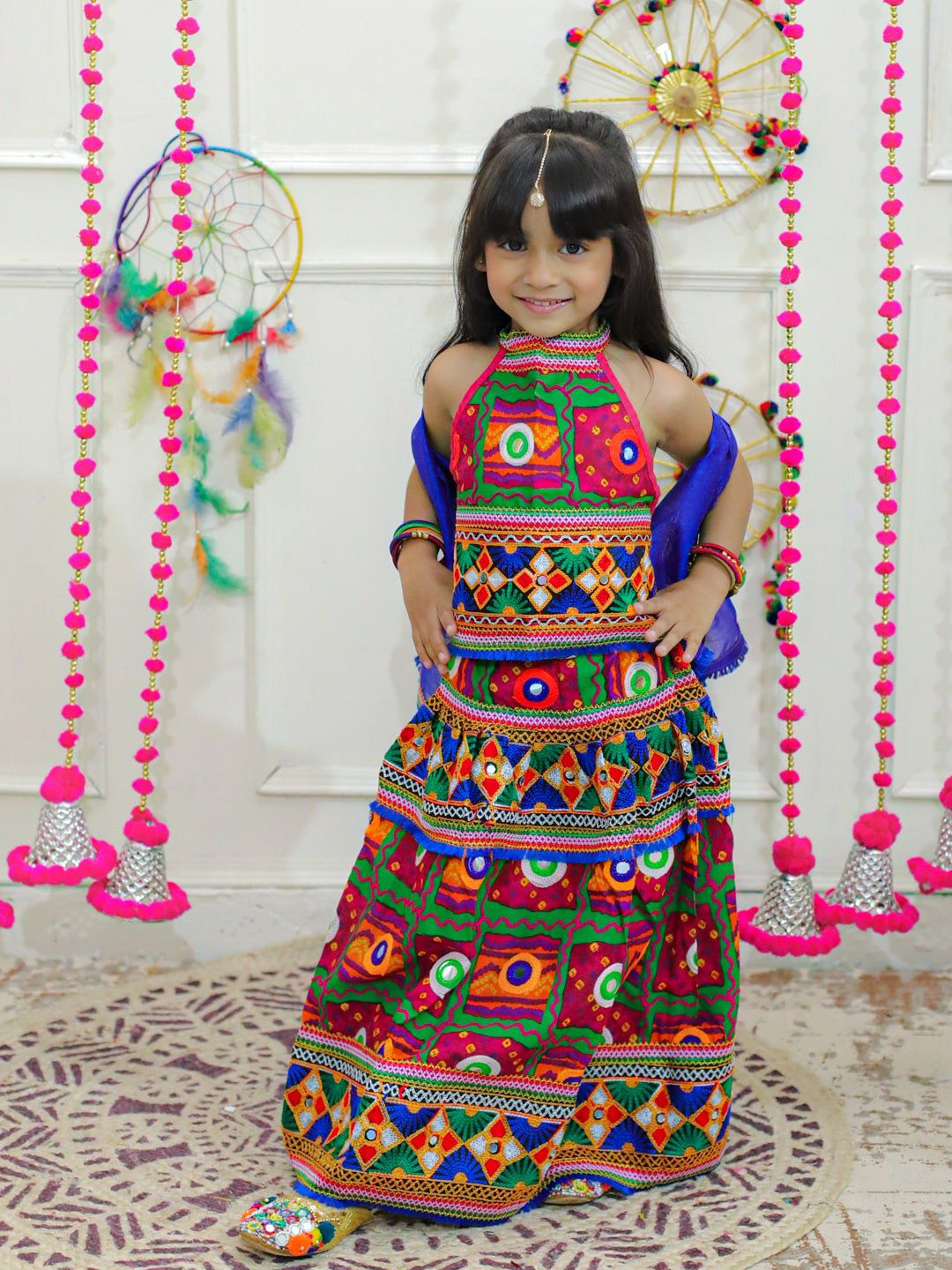 BownBee Girls Embroidered Thread Work Cotton Ready to Wear Lehenga & Blouse With Dupatta
