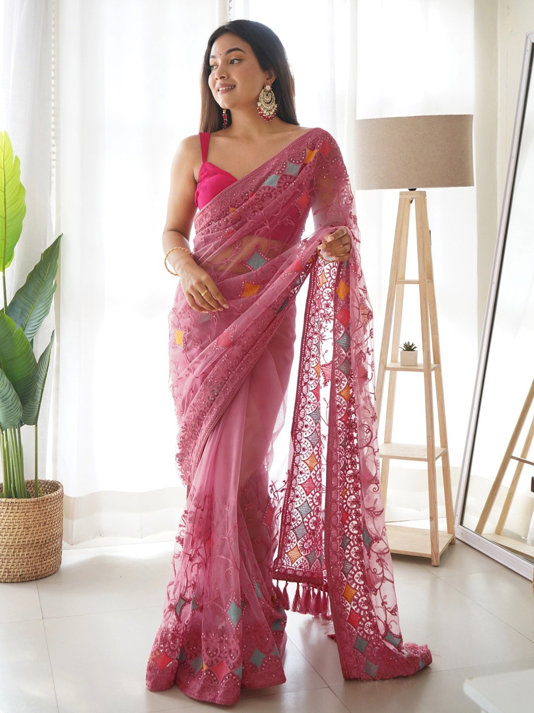 Saree mall Pink & Blue Ethnic Motifs Embroidered Net Saree Price in India