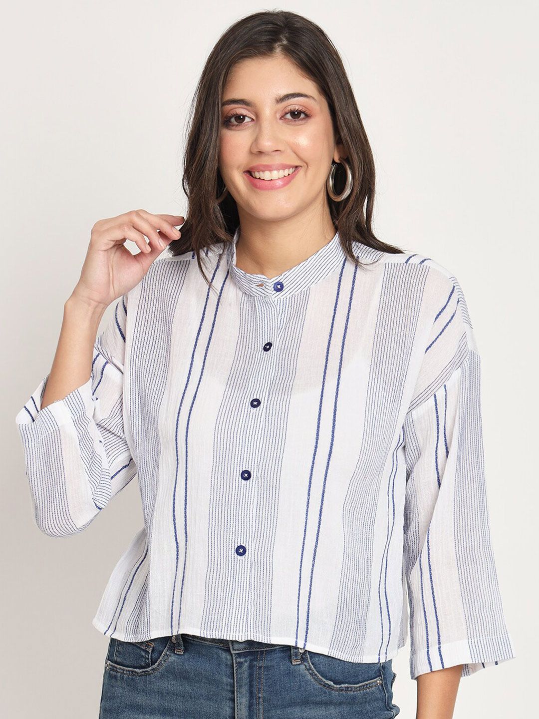CHARMGAL Striped Band Collar Shirt Style Top Price in India