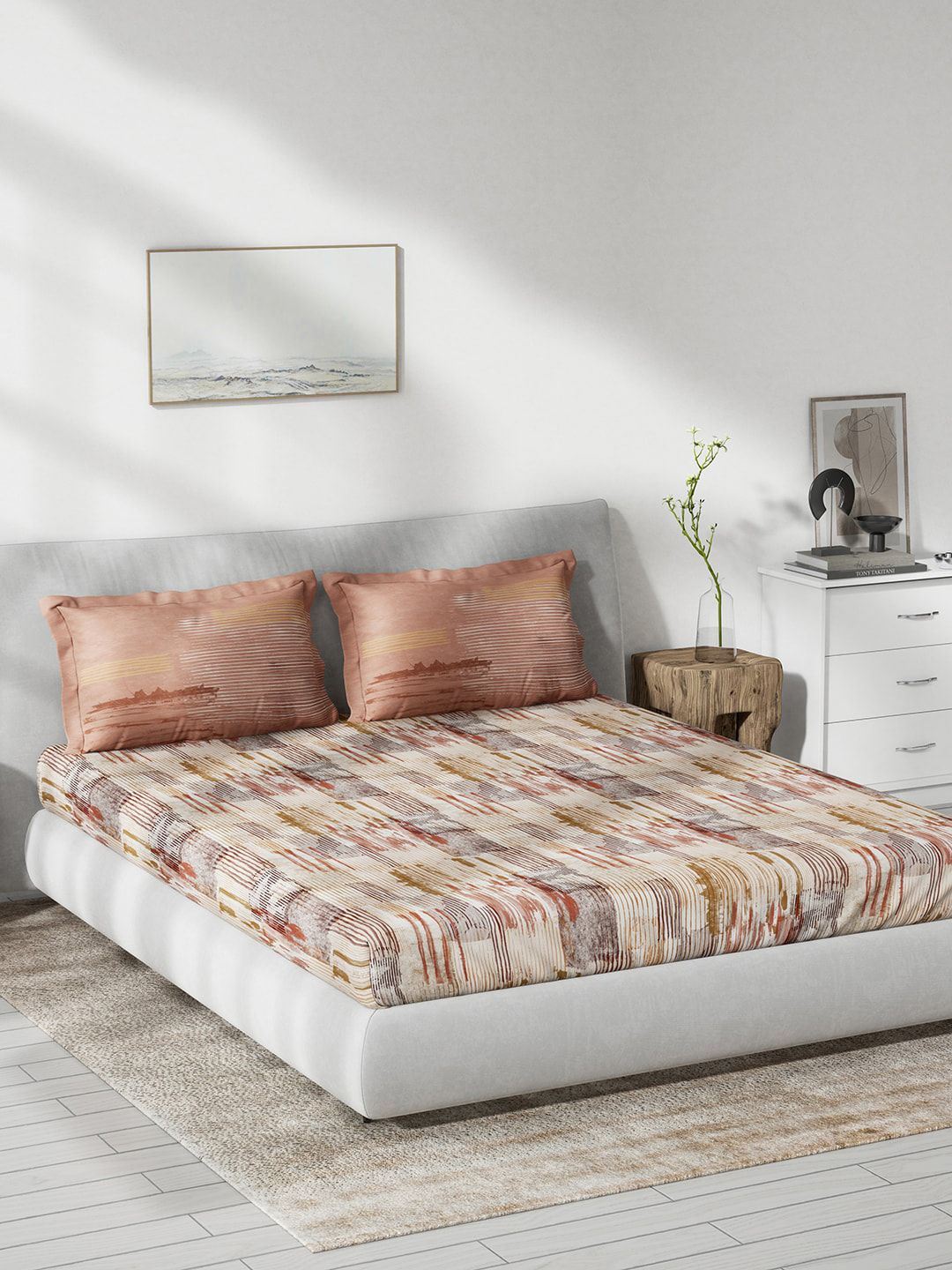 DDecor DDecor Beige Abstract Cotton 144 TC Queen Bedsheet with 2 Pillow Covers-90 x 108 inches