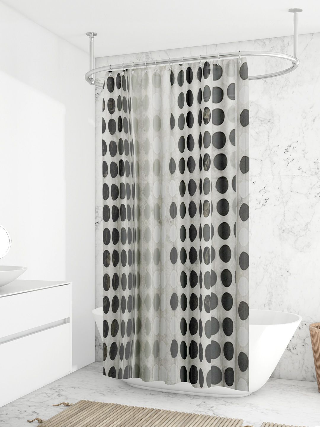 Anko Grey & Black Printed Shower Curtain With 12 Pcs Rings