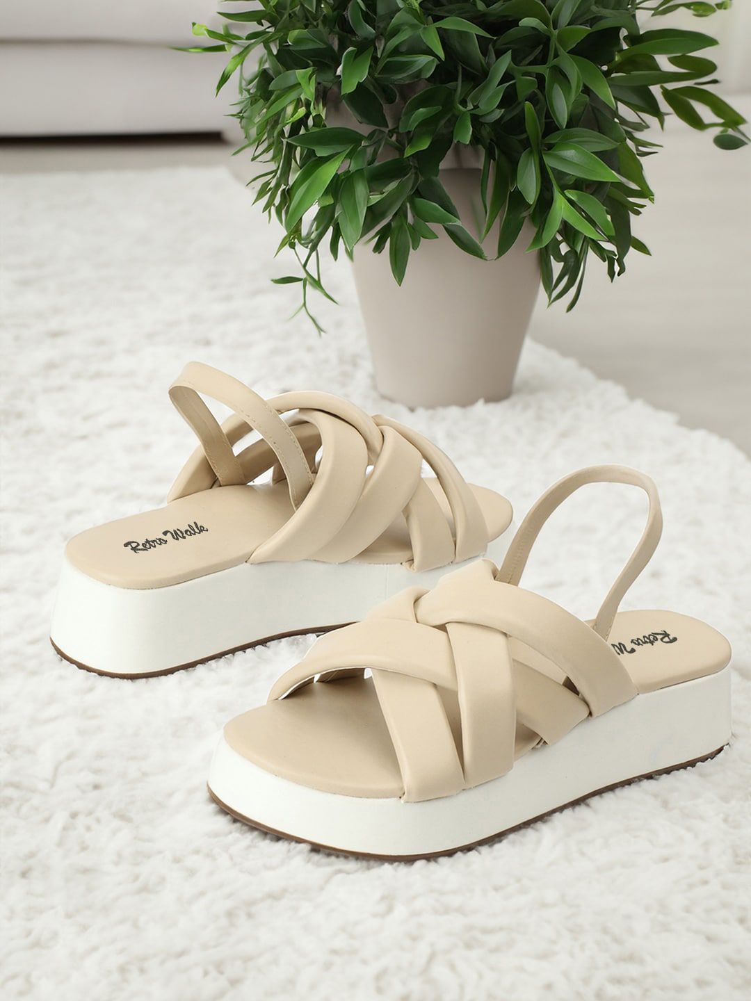 Retro Walk Beige Colourblocked Wedge Sandals