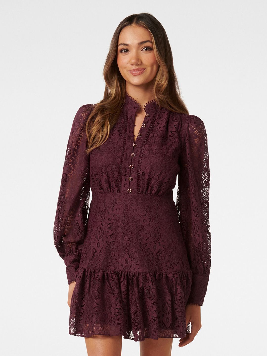 Forever New Lace Puff Sleeves Fit & Flare Mini Dress Price in India