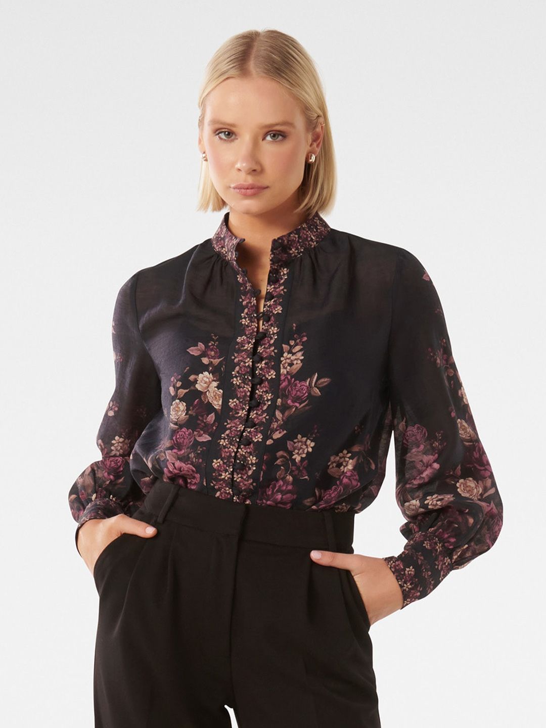 Forever New Floral Printed Mandarin Collar Shirt Style Top Price in India